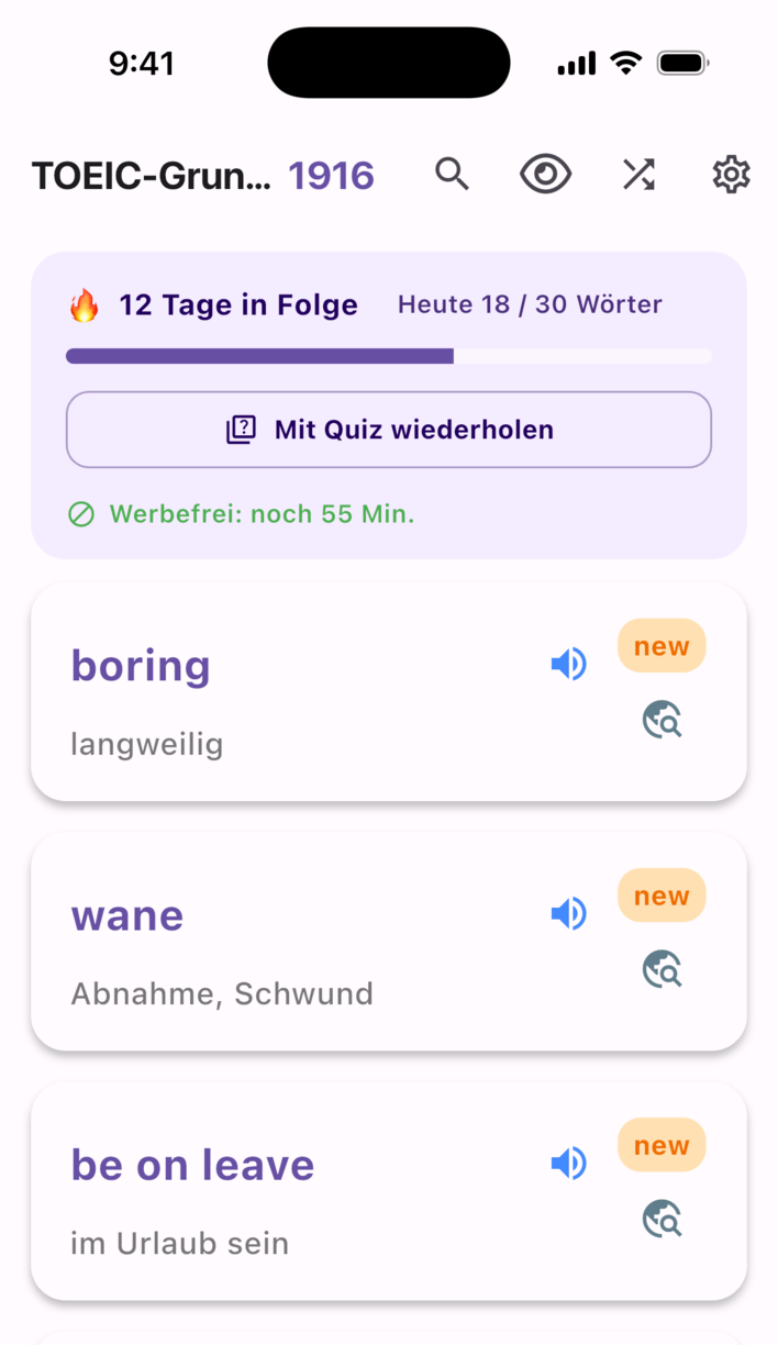 Swipe Voca-Lernbildschirm: Lernserie, Tagesziel und Wortkarten