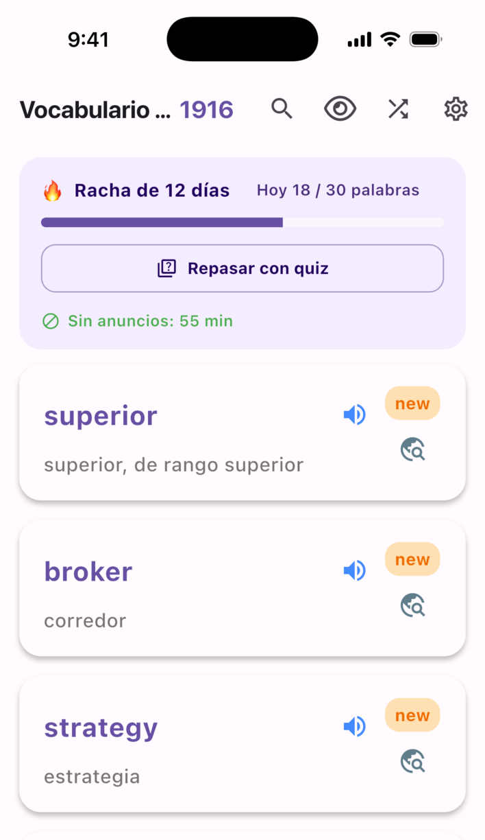 Pantalla de estudio de Swipe Voca: racha, meta diaria y tarjetas de palabras
