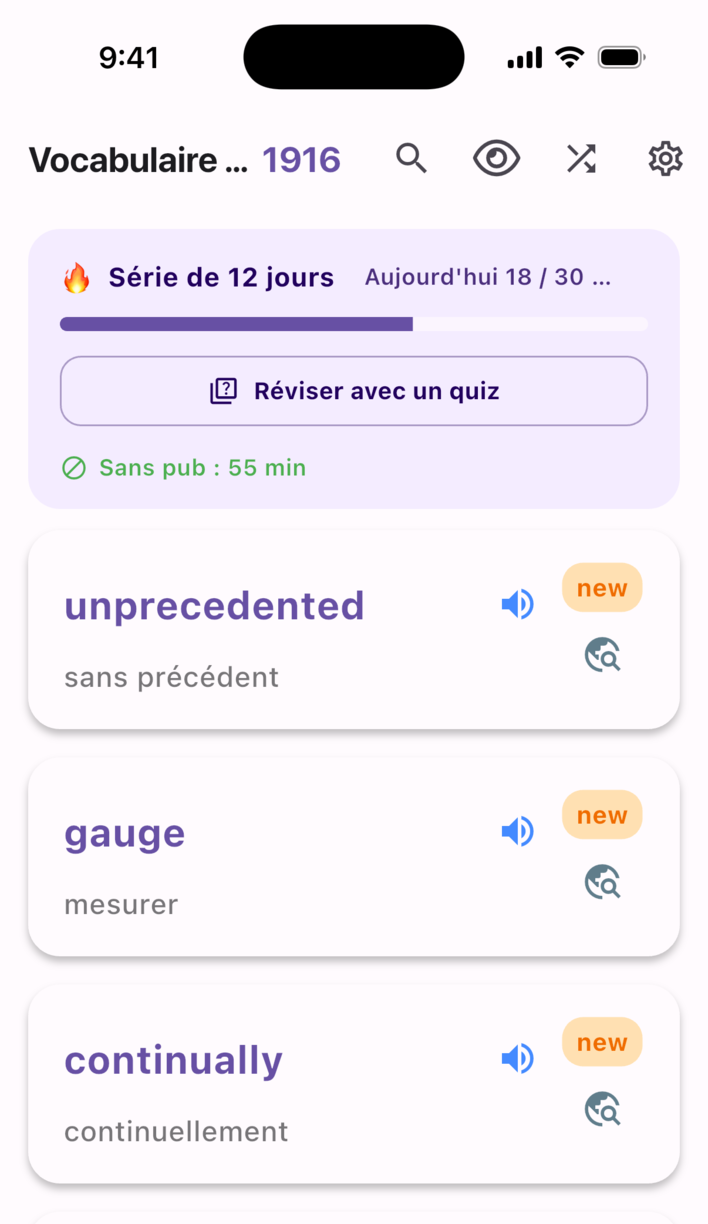 Écran d'étude Swipe Voca : série de jours, objectif du jour et cartes de mots