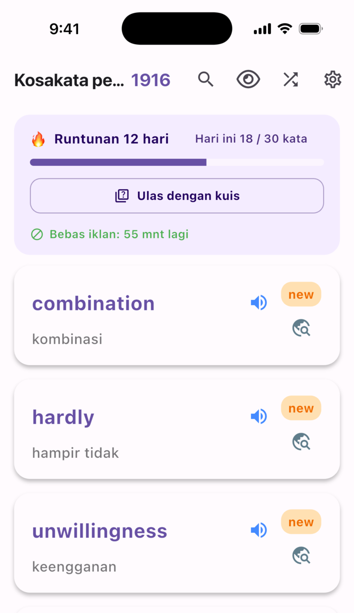 Layar belajar Swipe Voca: rentetan hari, target hari ini, dan kartu kata