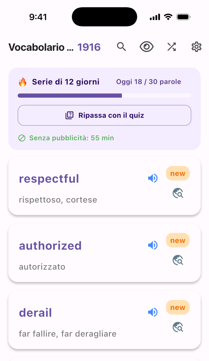 Schermata di studio di Swipe Voca: serie di giorni, obiettivo odierno e schede
