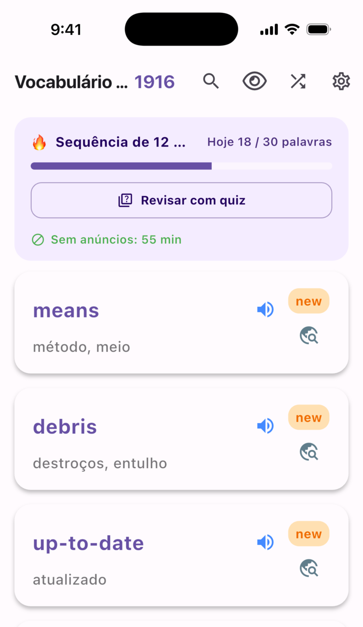 Tela de estudo do Swipe Voca: sequência de dias, meta do dia e cartões de palavras
