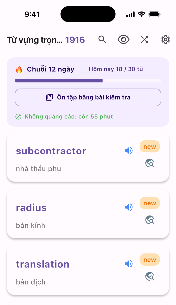 Màn hình học của Swipe Voca: chuỗi ngày học, mục tiêu hôm nay và thẻ từ