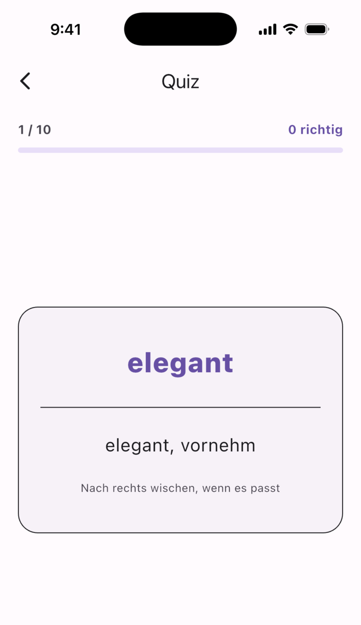 Swipe Voca-Quiz: Wischen, um zu sagen, ob Wort und Bedeutung zusammenpassen
