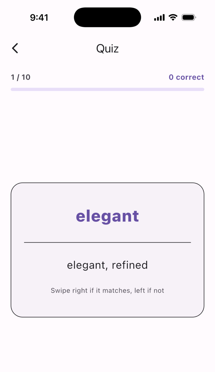 Swipe Voca quiz screen — swipe to say whether the word and meaning match