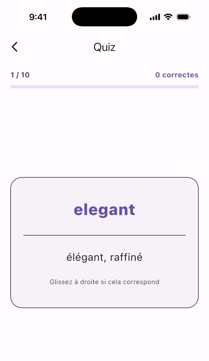 Écran de quiz Swipe Voca : balayez pour dire si le mot et le sens correspondent