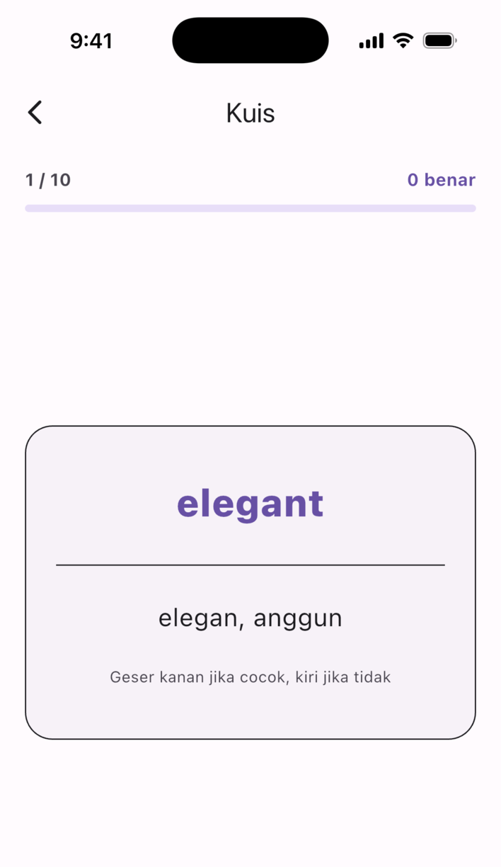 Layar kuis Swipe Voca: geser untuk menyatakan apakah kata dan artinya cocok